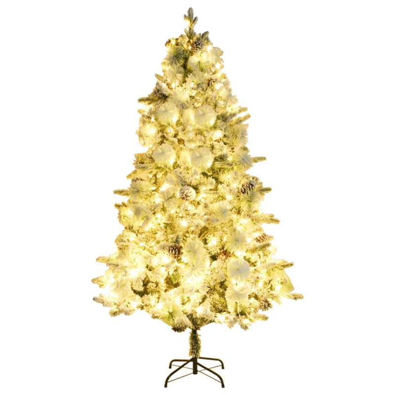 Choinka flokowana śniegiem z szyszkami i lampkami 195 cm PVC/PE