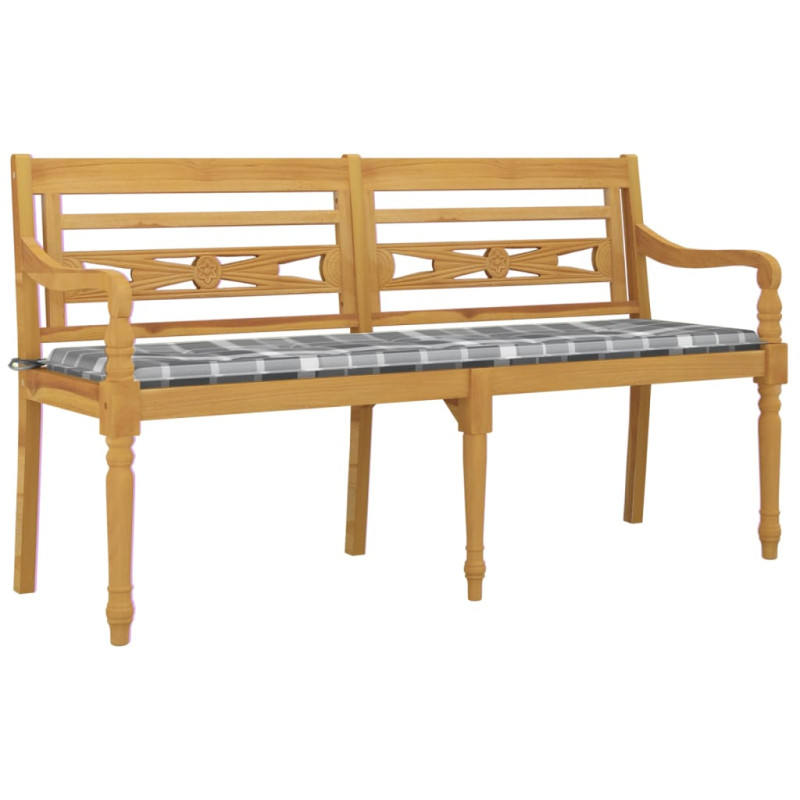 Ławka Batavia z poduszką w szarą kratę, 150 cm, lity tek