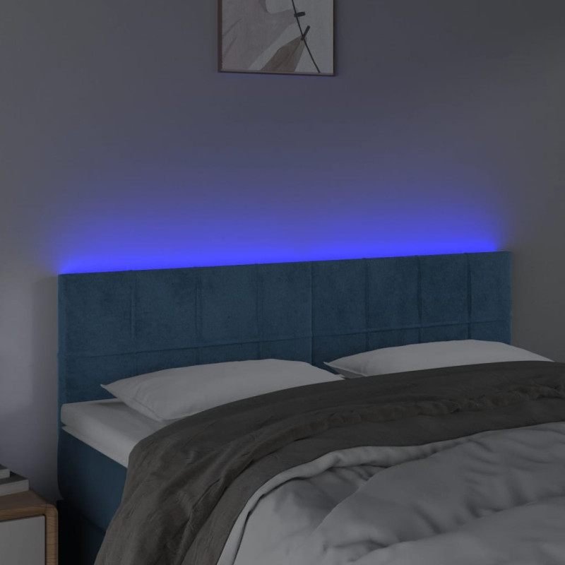 Zagłówek do łóżka z LED, ciemnoniebieski 144x5x78/88cm, aksamit