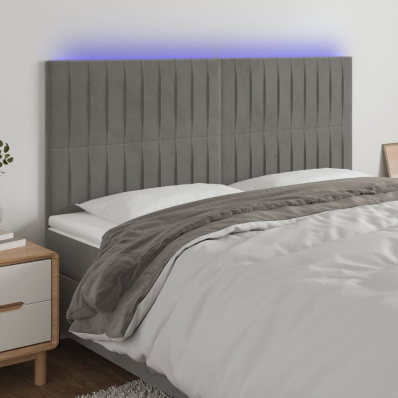 Zagłówek do łóżka z LED, jasnoszary, 180x5x118/128 cm, aksamit