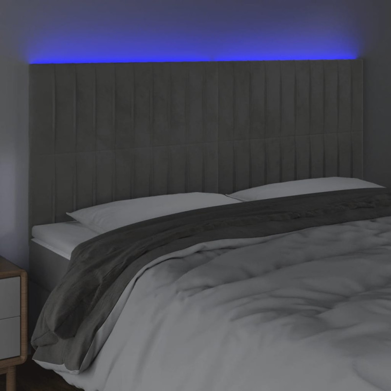 Zagłówek do łóżka z LED, jasnoszary, 180x5x118/128 cm, aksamit