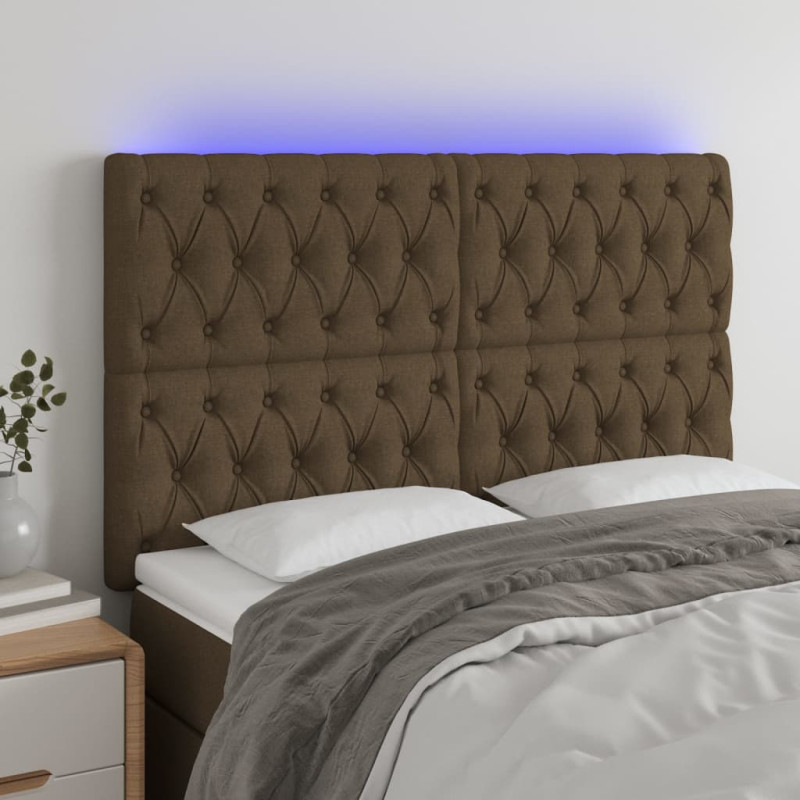 Zagłówek do łóżka z LED ciemnobrązowy 160x7x118/128 cm tkanina