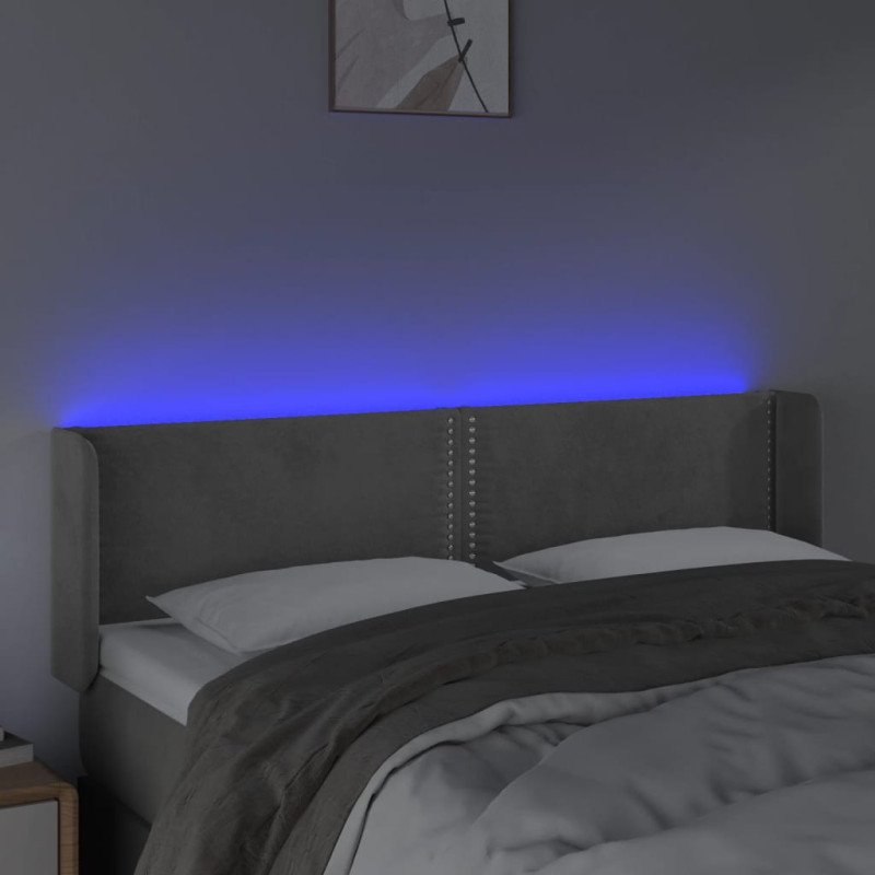 Zagłówek do łóżka z LED, jasnoszary, 147x16x78/88 cm, aksamit