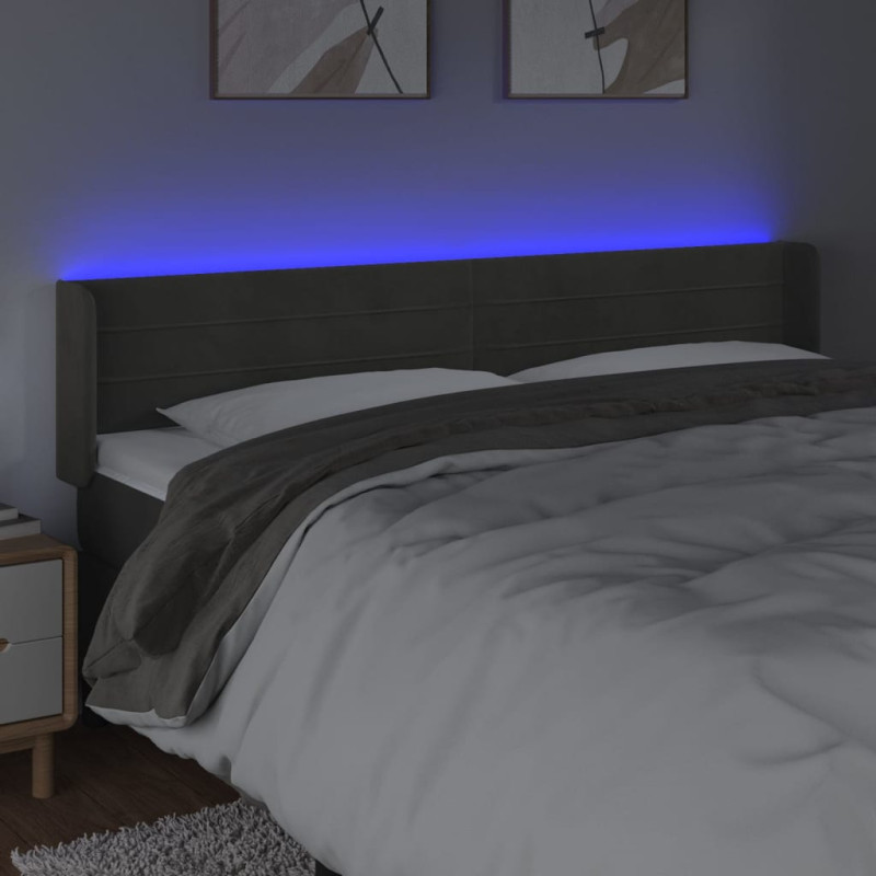 Zagłówek do łóżka z LED, ciemnoszary, 203x16x78/88 cm, aksamit