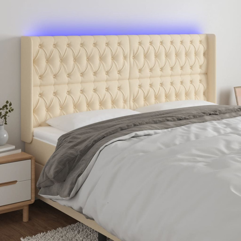 Zagłówek do łóżka z LED, kremowy, 203x16x118/128 cm, tkanina