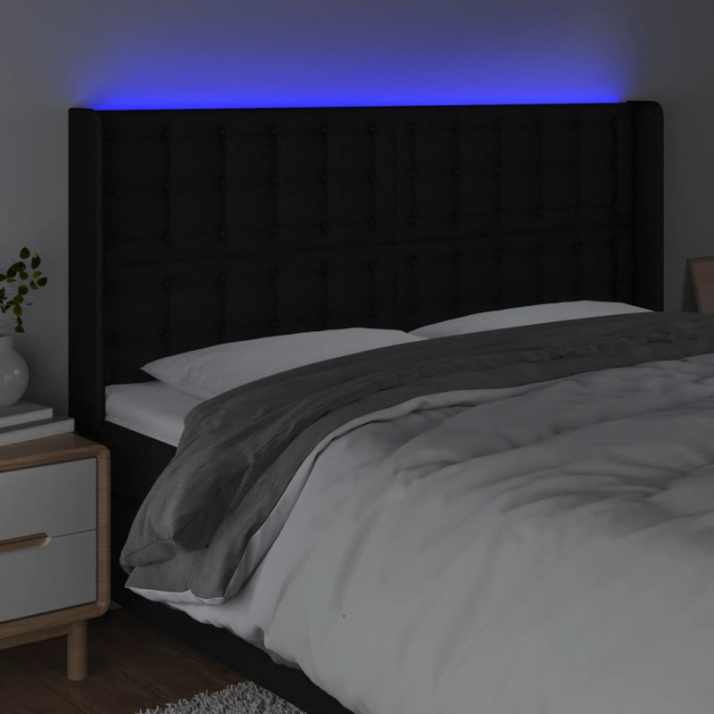 Zagłówek do łóżka z LED, czarny, 183x16x118/128 cm, tkanina