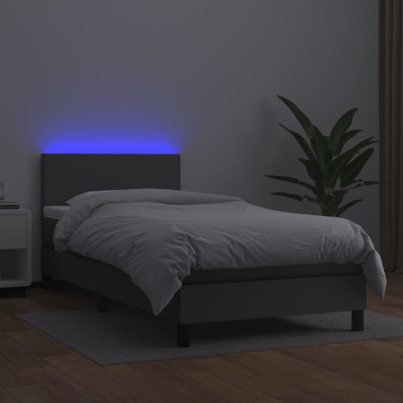 Łóżko kontynentalne z materacem i LED, szara ekoskóra 100x200cm