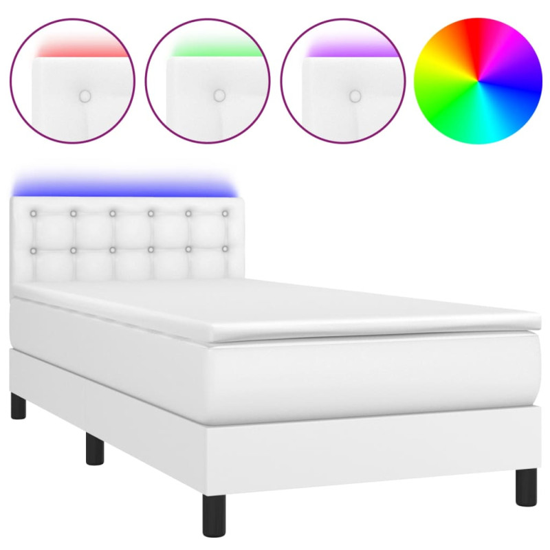 Łóżko kontynentalne z materacem i LED, biała ekoskóra 90x190 cm
