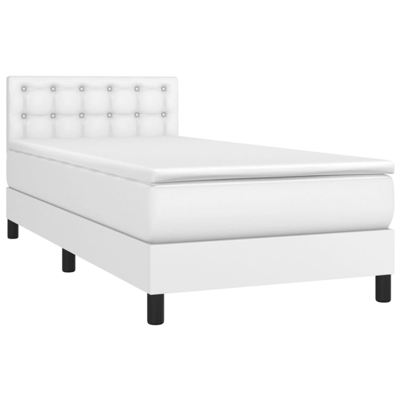 Łóżko kontynentalne z materacem i LED, biała ekoskóra 90x190 cm