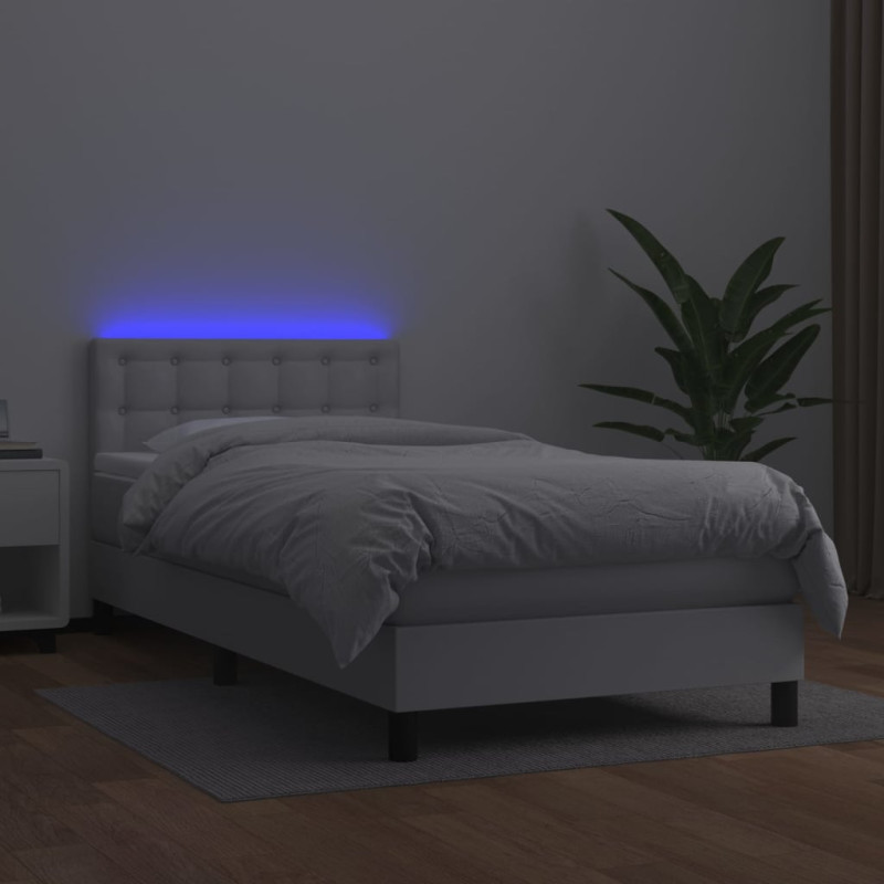 Łóżko kontynentalne z materacem i LED, biała ekoskóra 90x190 cm