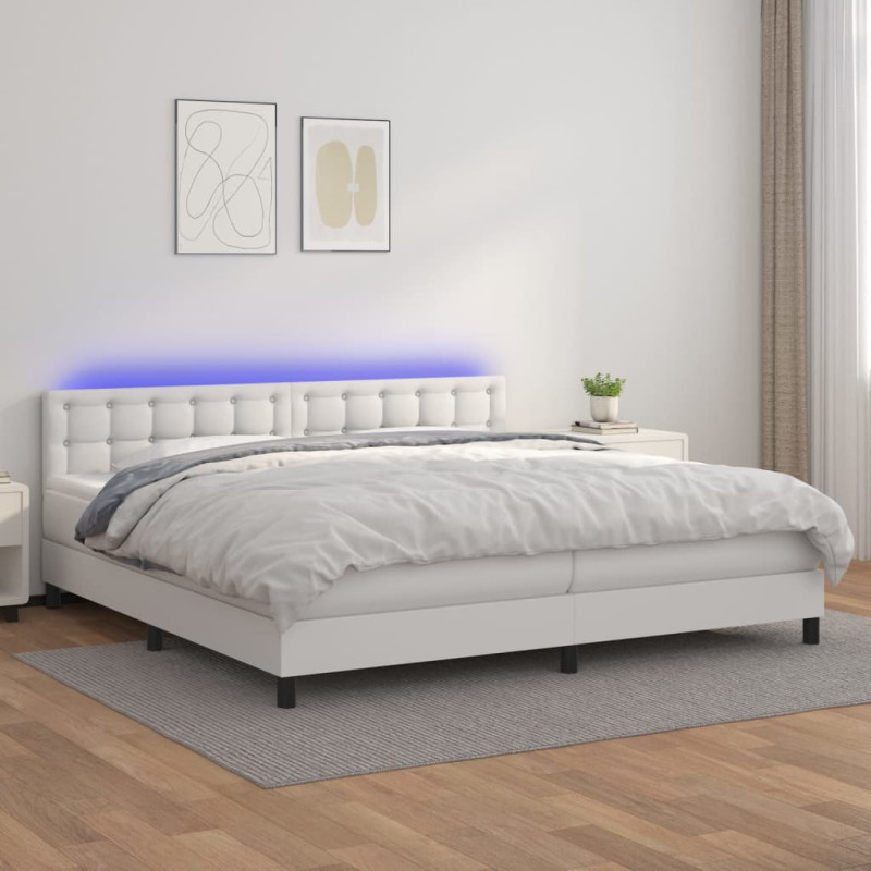 Łóżko kontynentalne z materacem i LED, biała ekoskóra 200x200cm