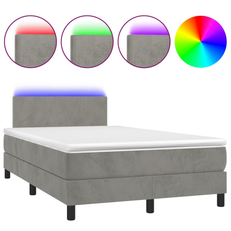 Łóżko kontynentalne z materacem i LED, szare 120x200cm, aksamit