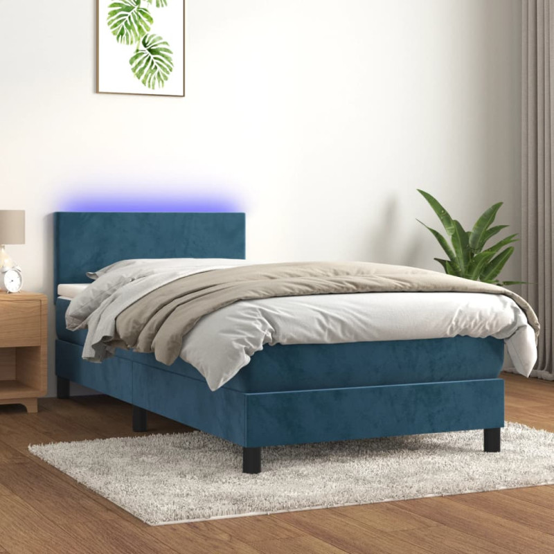Łóżko kontynentalne, materac i LED, niebieski aksamit 90x200 cm