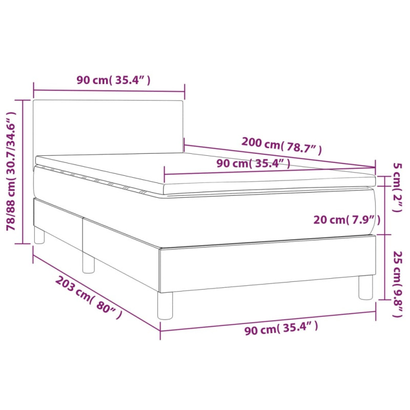 Łóżko kontynentalne, materac i LED, niebieski aksamit 90x200 cm