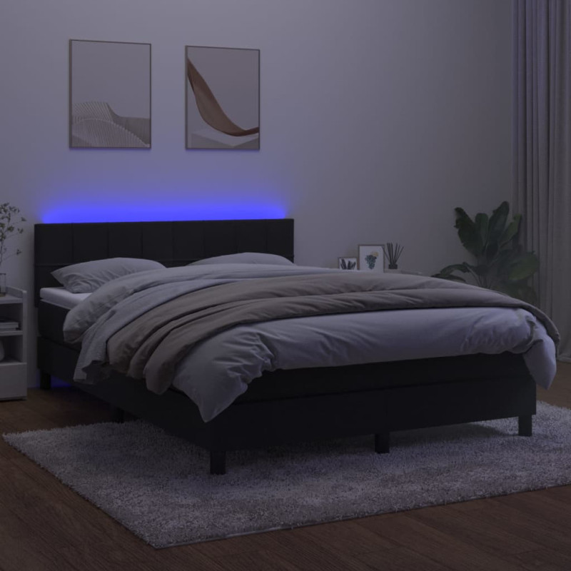 Łóżko kontynentalne z materacem i LED, czarny aksamit 140x200cm