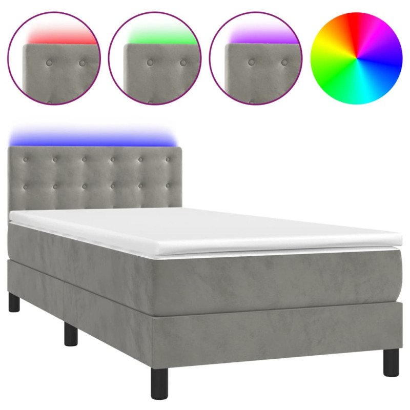 Łóżko kontynentalne z materacem i LED, szare 100x200cm, aksamit