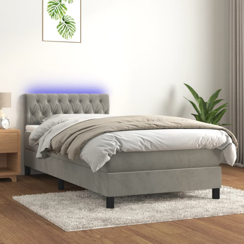 Łóżko kontynentalne z materacem i LED, szare 90x200 cm, aksamit