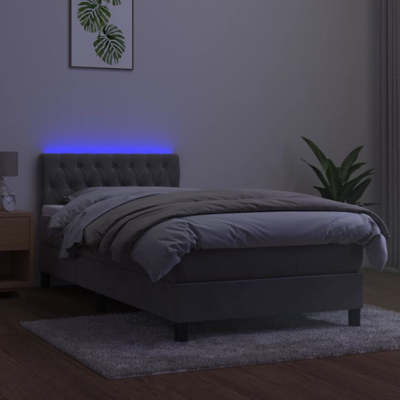 Łóżko kontynentalne z materacem i LED, szare 90x200 cm, aksamit