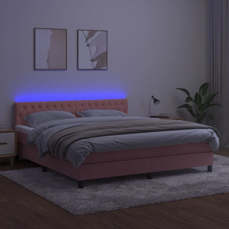 Łóżko kontynentalne z materacem i LED, różowy aksamit 160x200cm