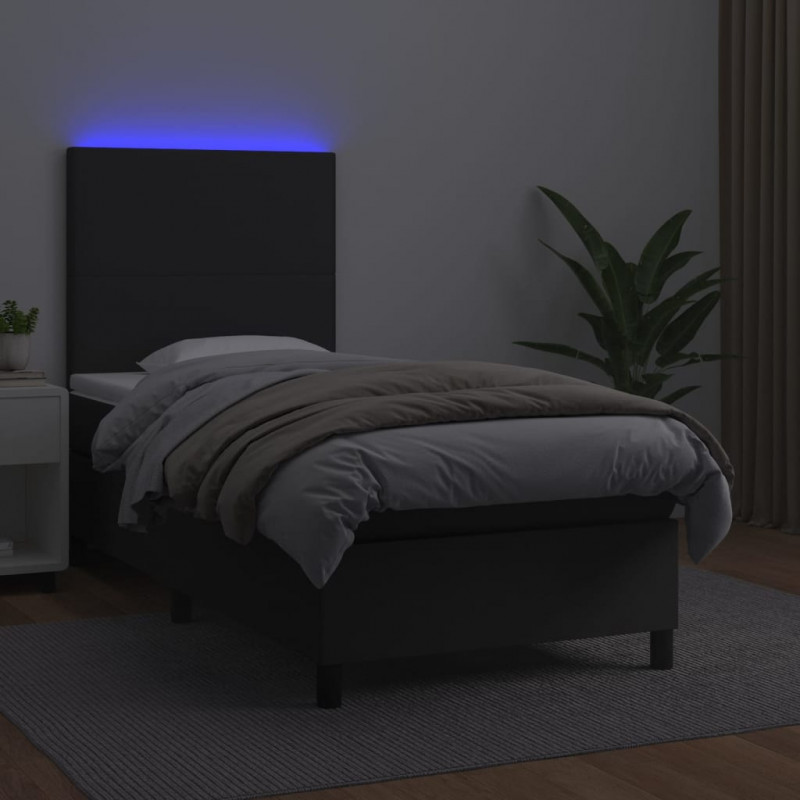Łóżko kontynentalne z materacem i LED czarna ekoskóra 90x200 cm