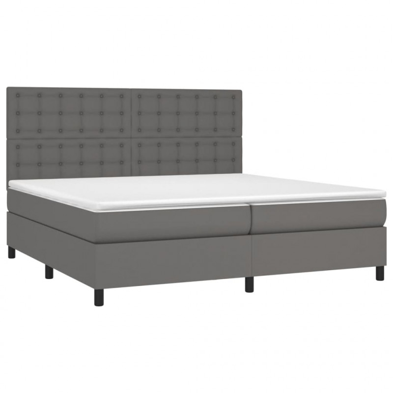 Łóżko kontynentalne z materacem i LED, szara ekoskóra 200x200cm
