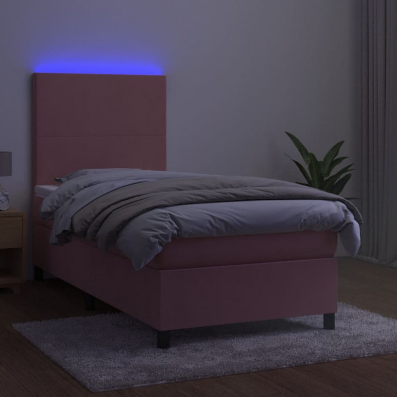 Łóżko kontynentalne z materacem i LED, różowy aksamit 100x200cm
