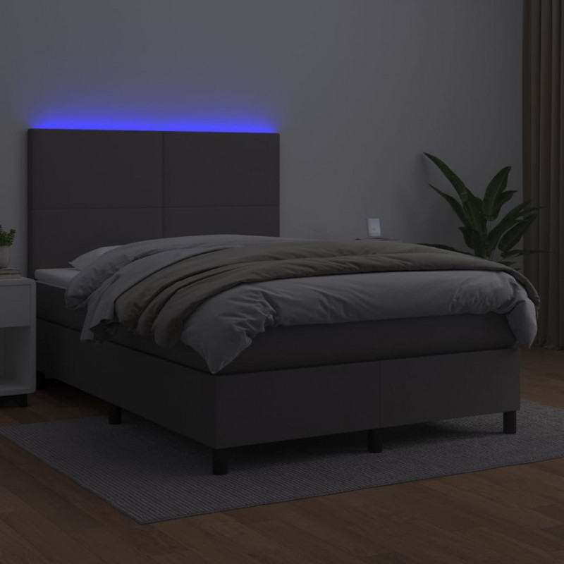 Łóżko kontynentalne z materacem i LED, szara ekoskóra 140x200cm