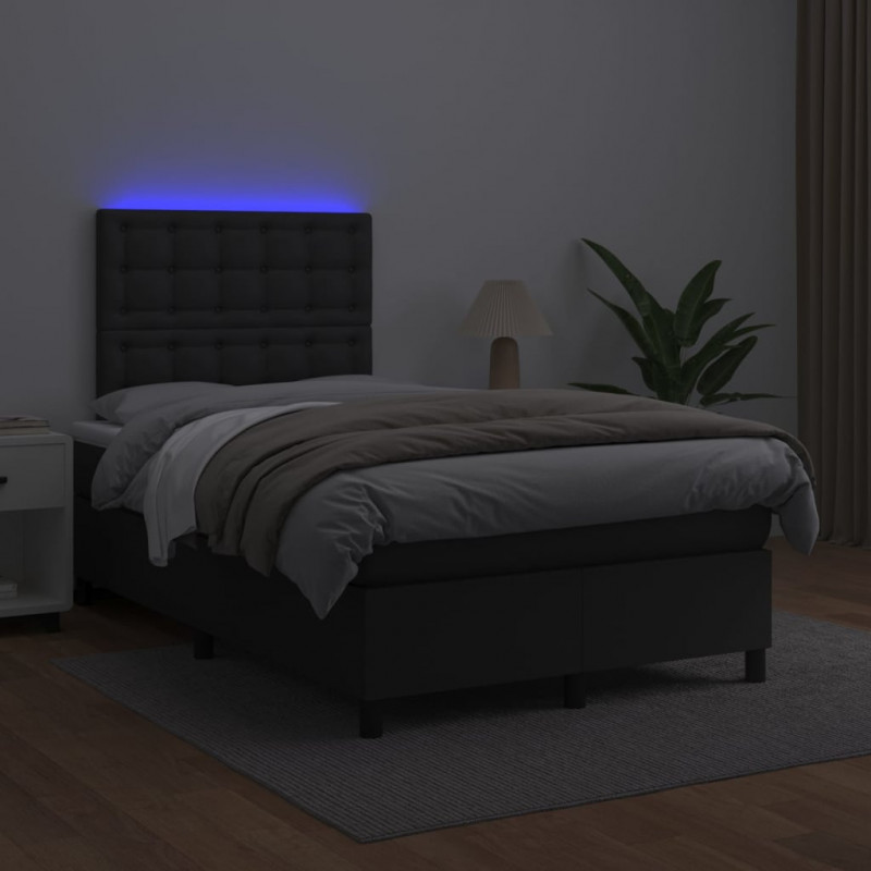 Łóżko kontynentalne z materacem i LED czarna ekoskóra 120x200cm