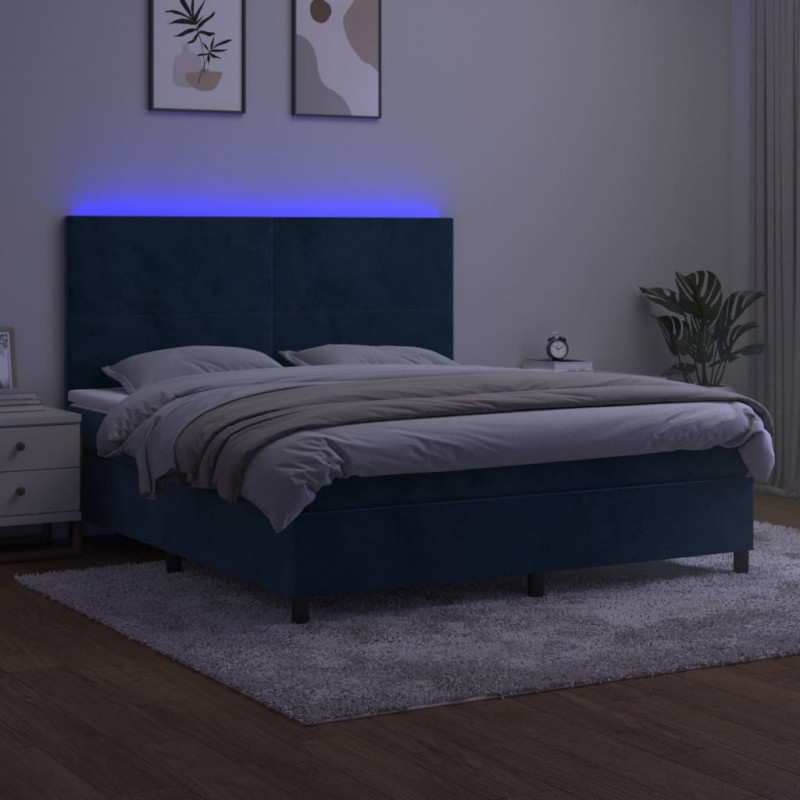 Łóżko kontynentalne, materac i LED, niebieski aksamit 180x200cm