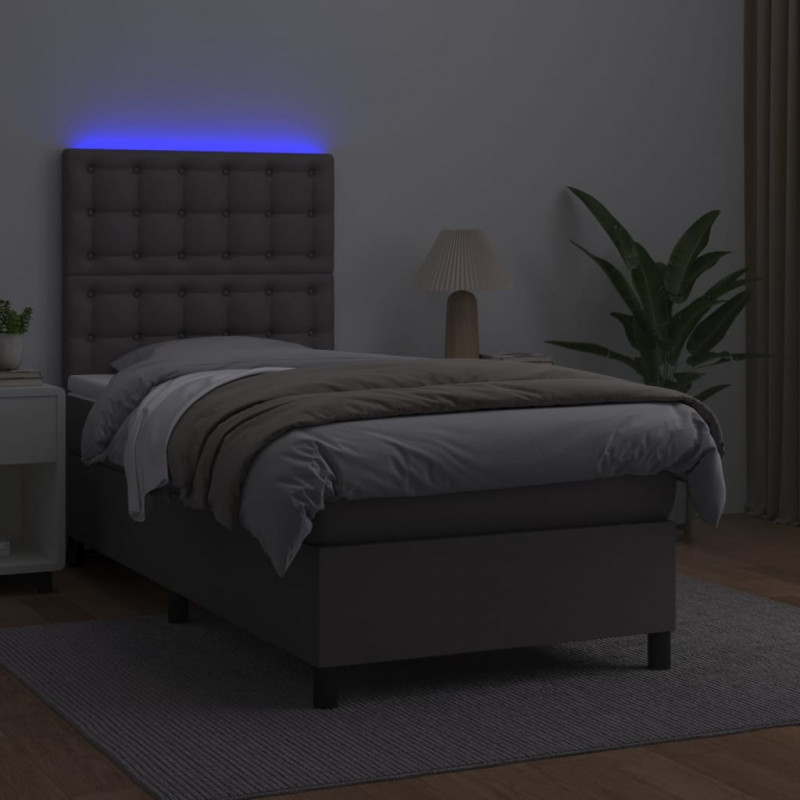 Łóżko kontynentalne z materacem i LED, szara ekoskóra 90x200 cm