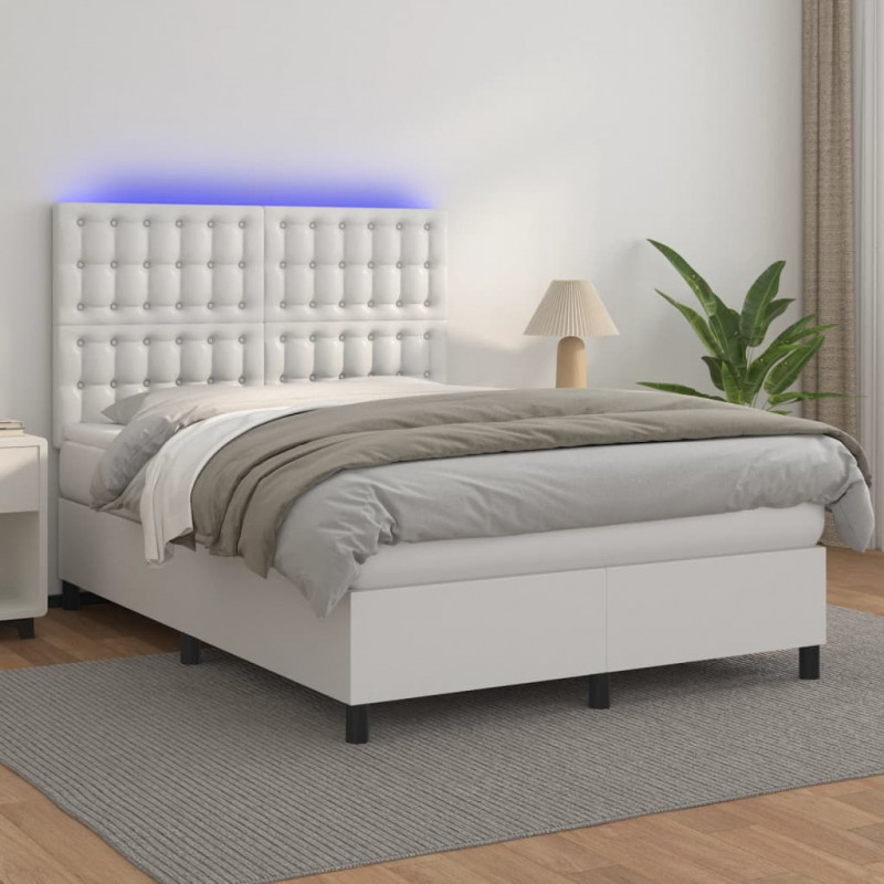 Łóżko kontynentalne z materacem i LED, biała ekoskóra 140x200cm