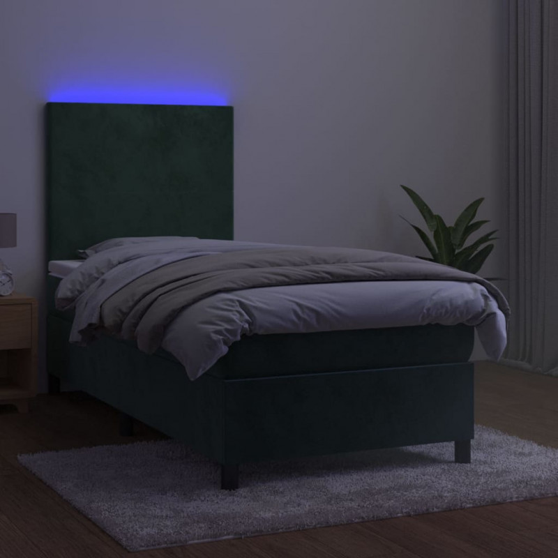 Łóżko kontynentalne z materacem i LED zielony aksamit 90x200 cm