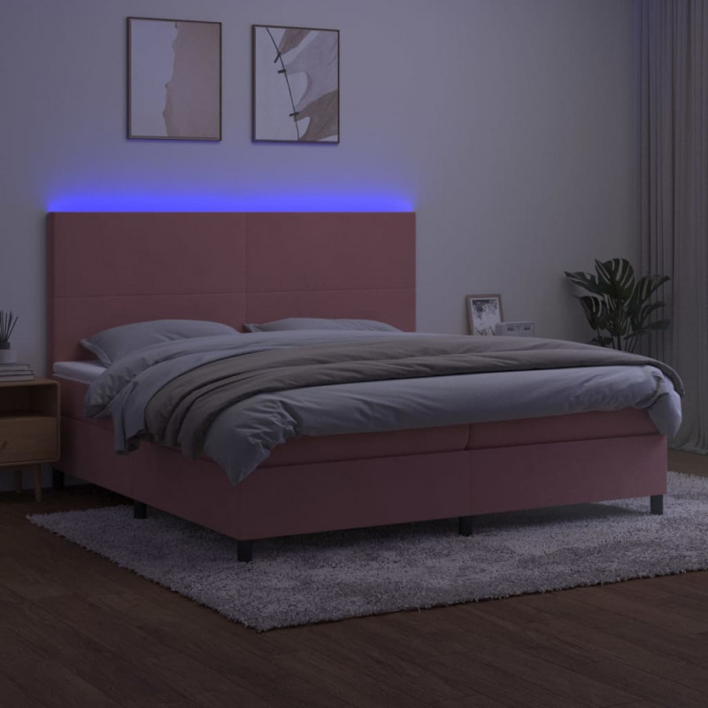 Łóżko kontynentalne z materacem i LED, różowy aksamit 200x200cm