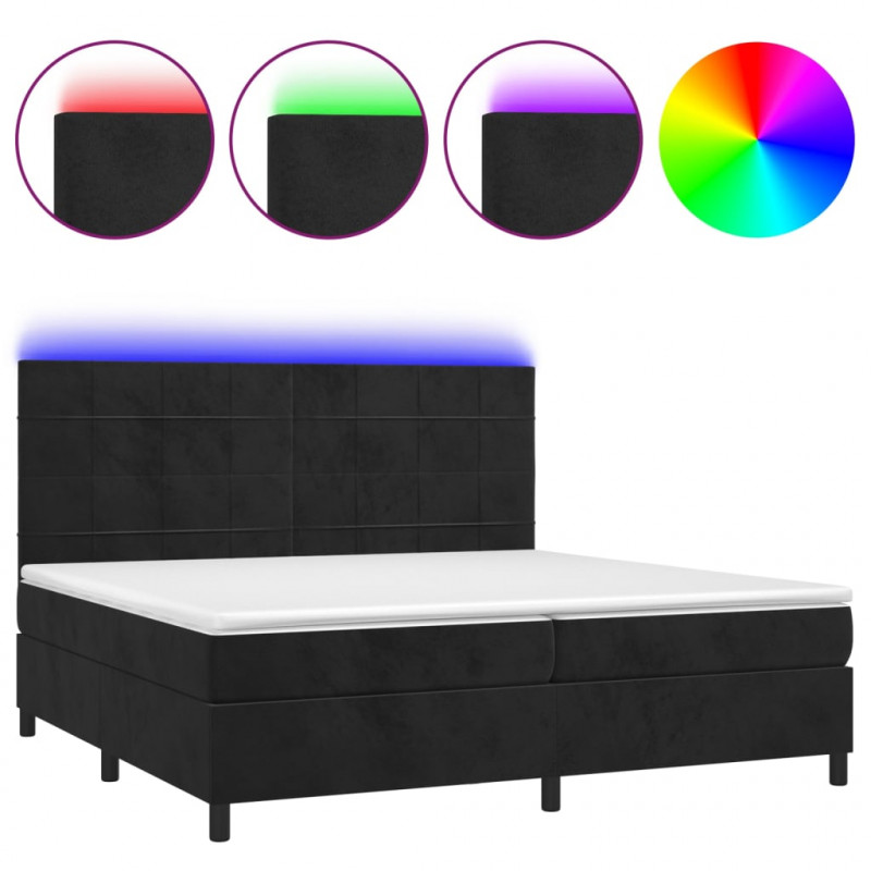 Łóżko kontynentalne z materacem i LED, czarny aksamit 200x200cm