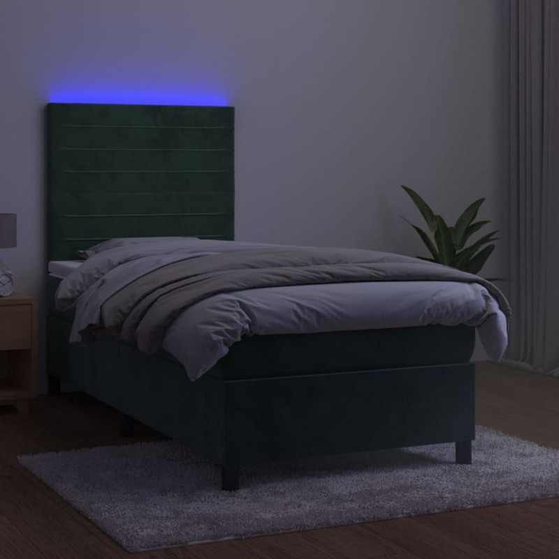 Łóżko kontynentalne z materacem i LED zielony aksamit 90x200 cm