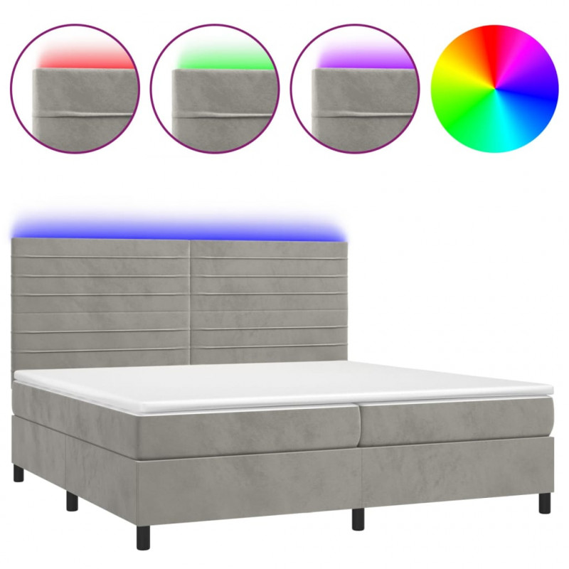 Łóżko kontynentalne z materacem i LED, szare 200x200cm, aksamit