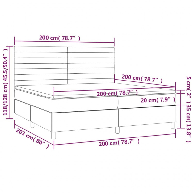 Łóżko kontynentalne z materacem i LED, szare 200x200cm, aksamit