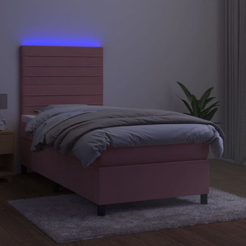 Łóżko kontynentalne z materacem i LED, różowy aksamit 90x200 cm