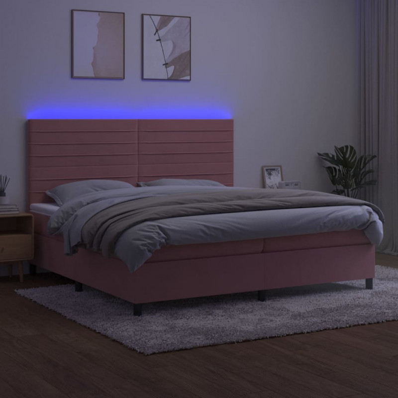 Łóżko kontynentalne z materacem i LED, różowy aksamit 200x200cm