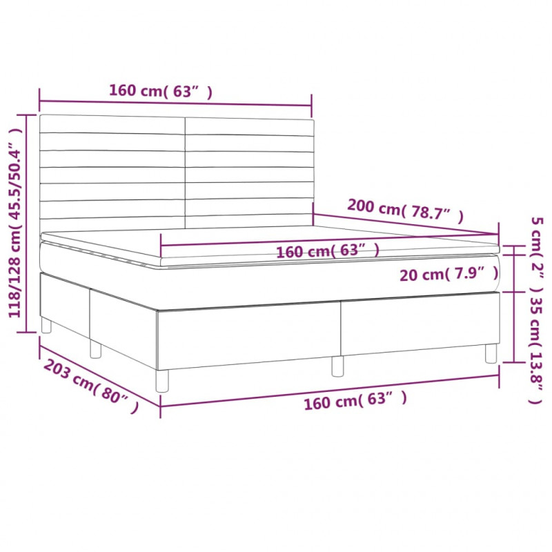 Łóżko kontynentalne z materacem i LED, szare 160x200cm, aksamit