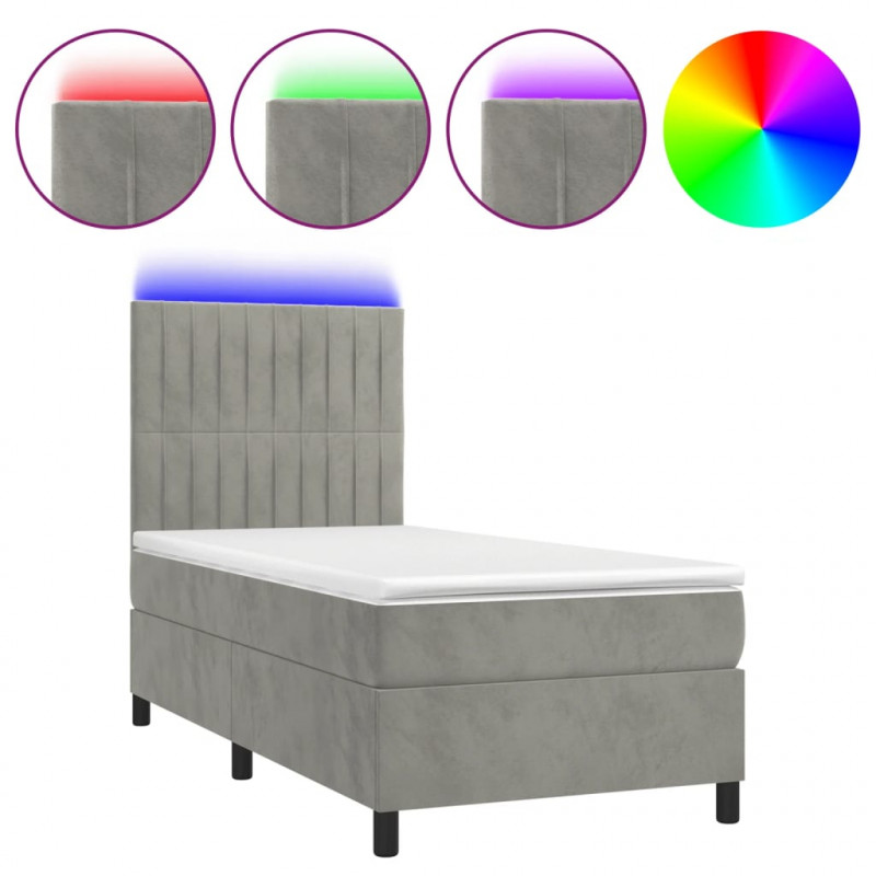Łóżko kontynentalne z materacem i LED, szare 90x190 cm, aksamit