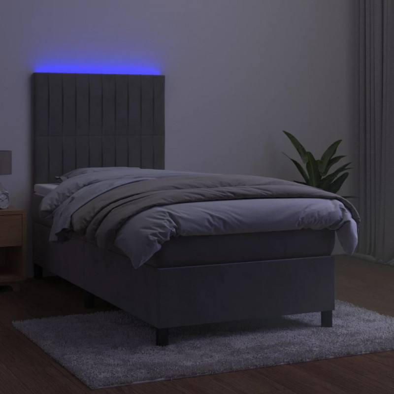 Łóżko kontynentalne z materacem i LED, szare 90x190 cm, aksamit