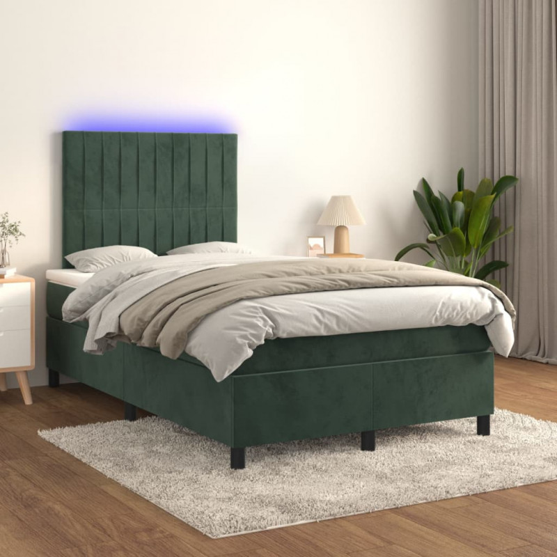 Łóżko kontynentalne z materacem i LED zielony aksamit 120x200cm