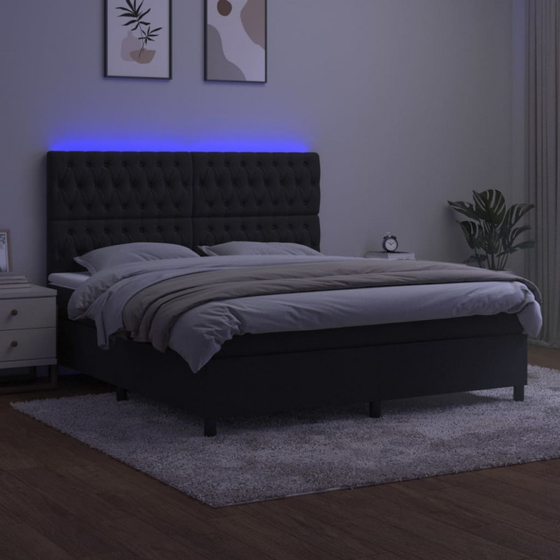 Łóżko kontynentalne z materacem i LED, czarny aksamit 180x200cm