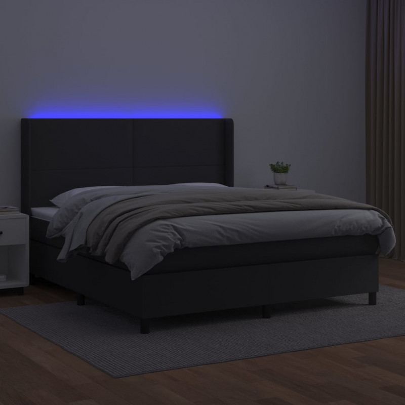 Łóżko kontynentalne z materacem i LED czarna ekoskóra 180x200cm