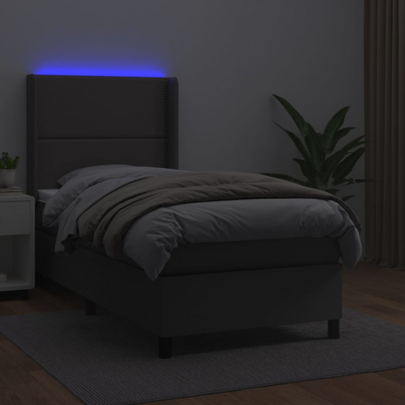 Łóżko kontynentalne z materacem i LED, szara ekoskóra 90x200 cm