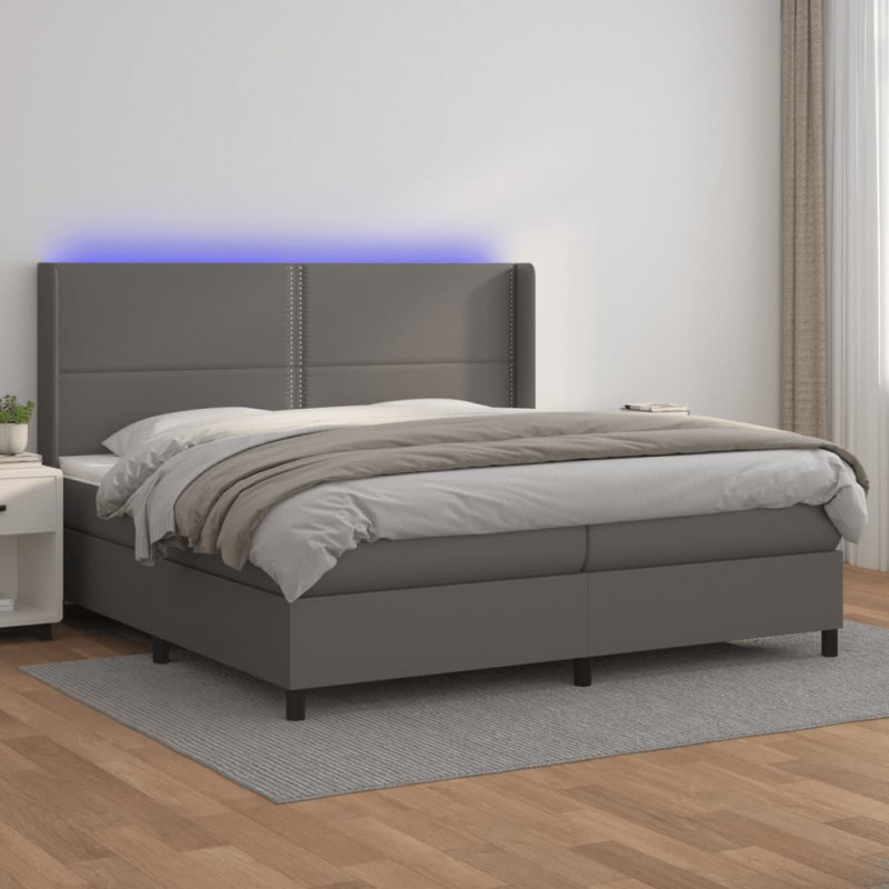Łóżko kontynentalne z materacem i LED, szara ekoskóra 200x200cm