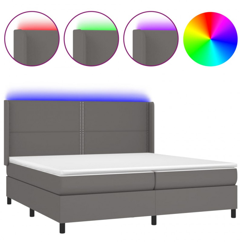 Łóżko kontynentalne z materacem i LED, szara ekoskóra 200x200cm