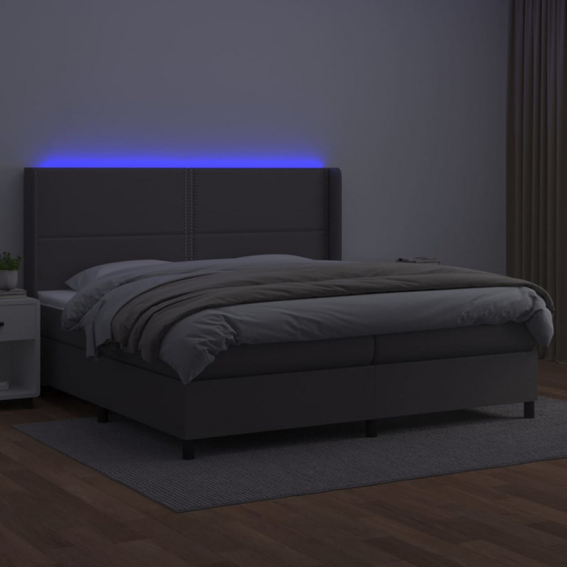 Łóżko kontynentalne z materacem i LED, szara ekoskóra 200x200cm