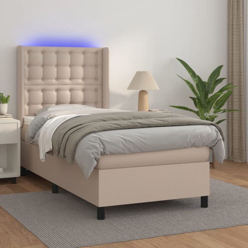 Łóżko kontynentalne, materac i LED cappuccino ekoskóra 90x200cm